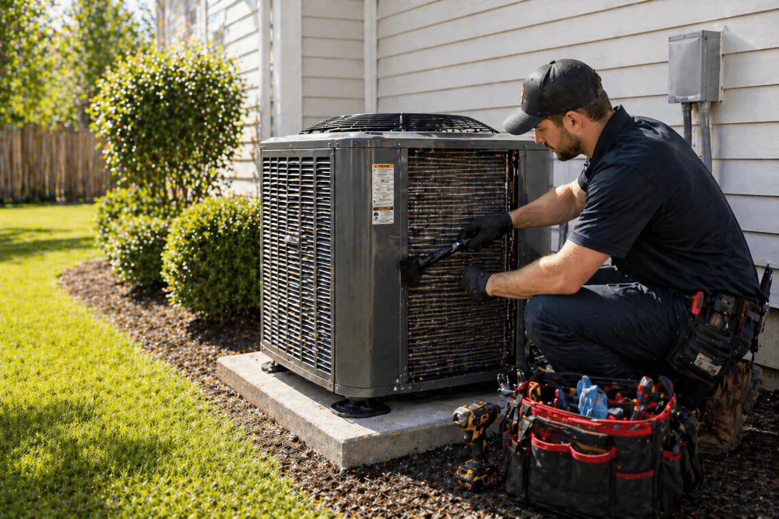 Trident HVAC technician performing seasonal AC tune-up and coil cleaning at a Kitchener home