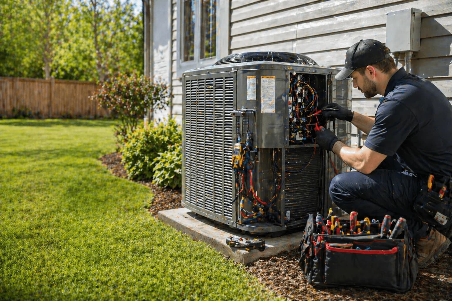 Trident HVAC technician repairing a residential central air conditioner in KWC Region