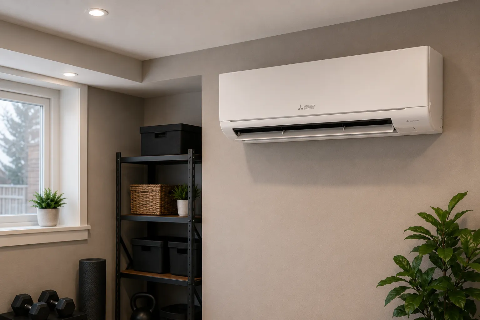 Wall-mounted Mitsubishi ductless mini-split indoor unit installed in a Kitchener-area home by Trident HVAC