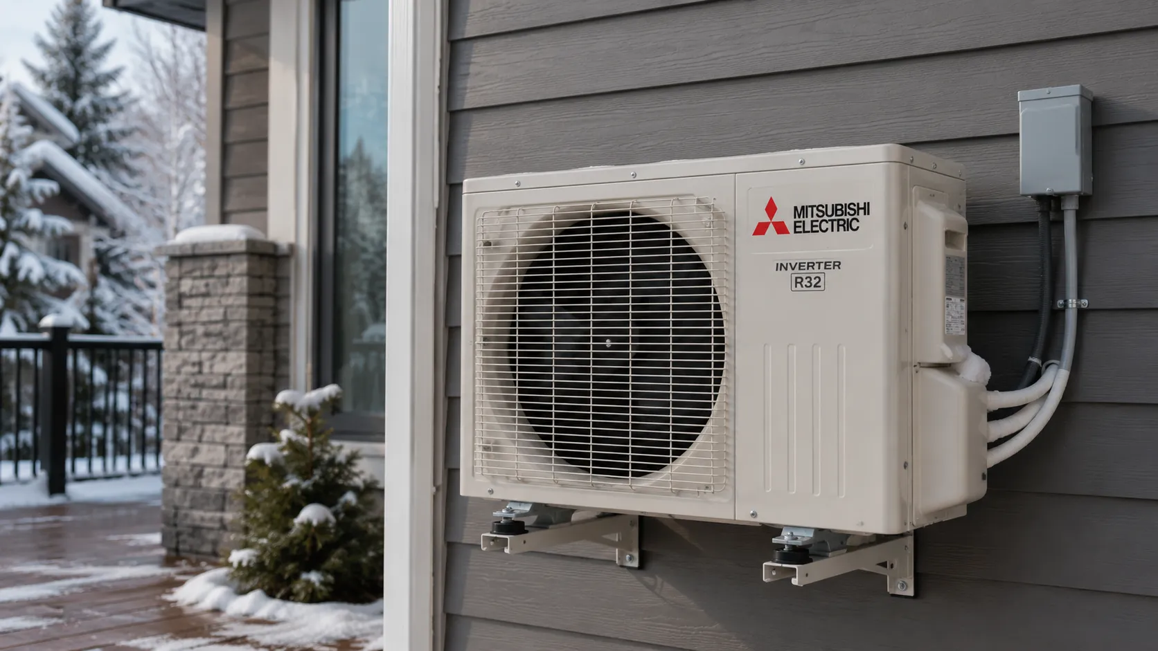 Mitsubishi Electric ductless mini-split outdoor condenser unit installed on a Kitchener-area home by Trident HVAC