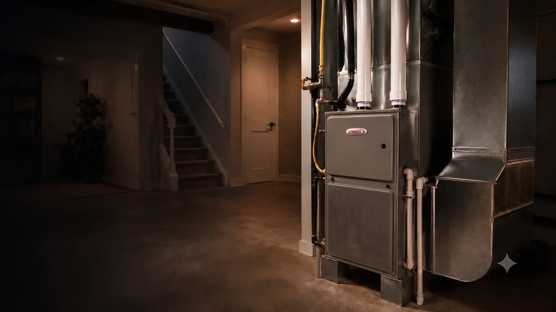 New high-efficiency Lennox gas furnace installed by Trident HVAC in a Kitchener-area home basement