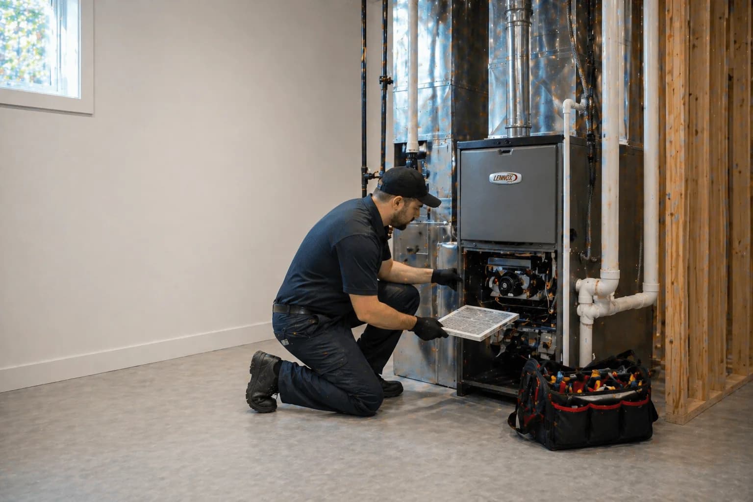 Trident Gas Technician performing annual furnace tune-up and safety inspection in a Kitchener home