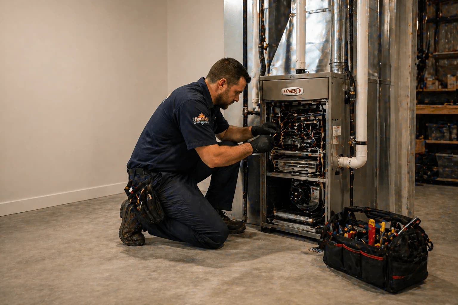 Trident Gas Technician repairing a Lennox gas furnace in a Kitchener-area residential basement