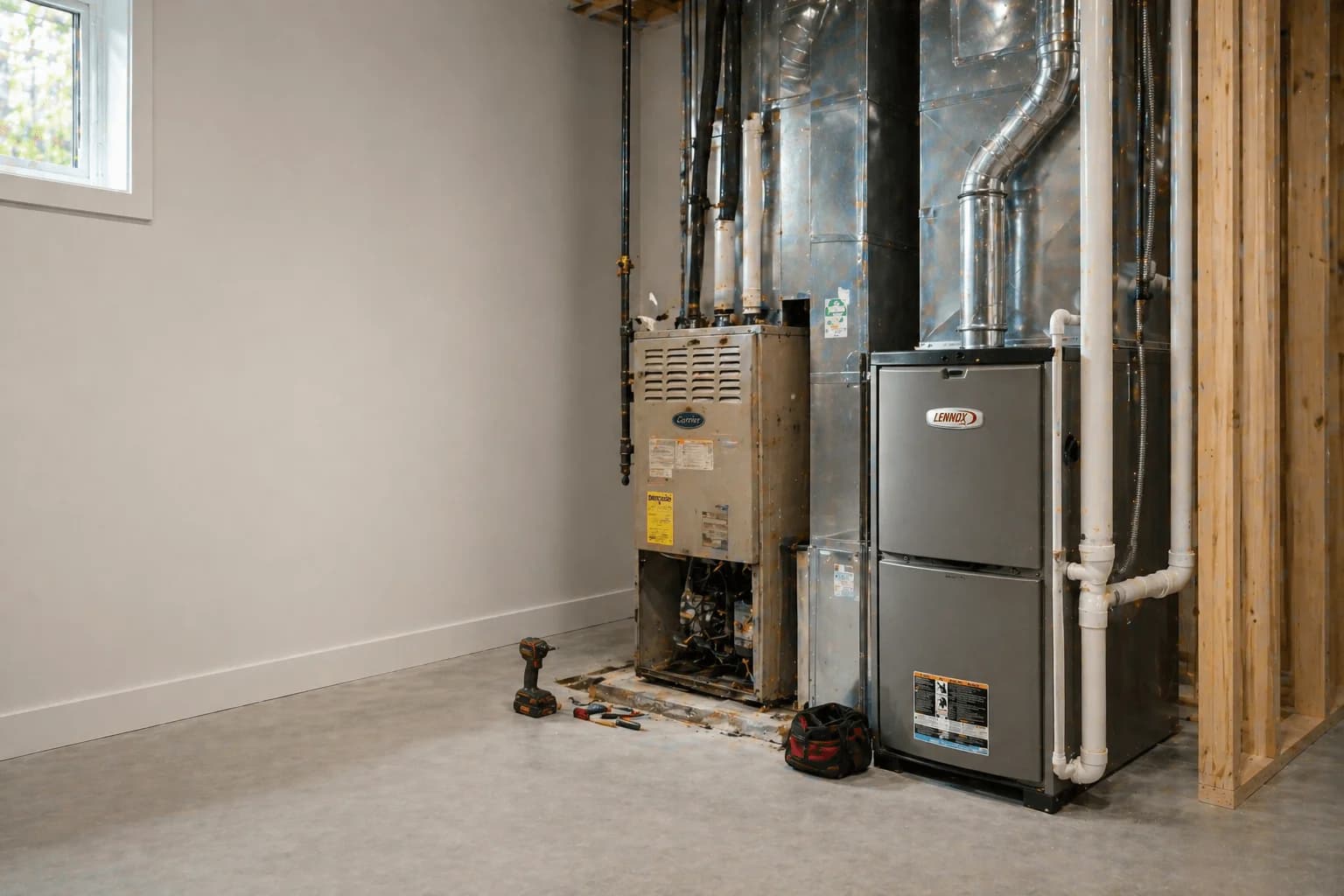 New high-efficiency furnace replacement installed by Trident HVAC in a KWC Region basement
