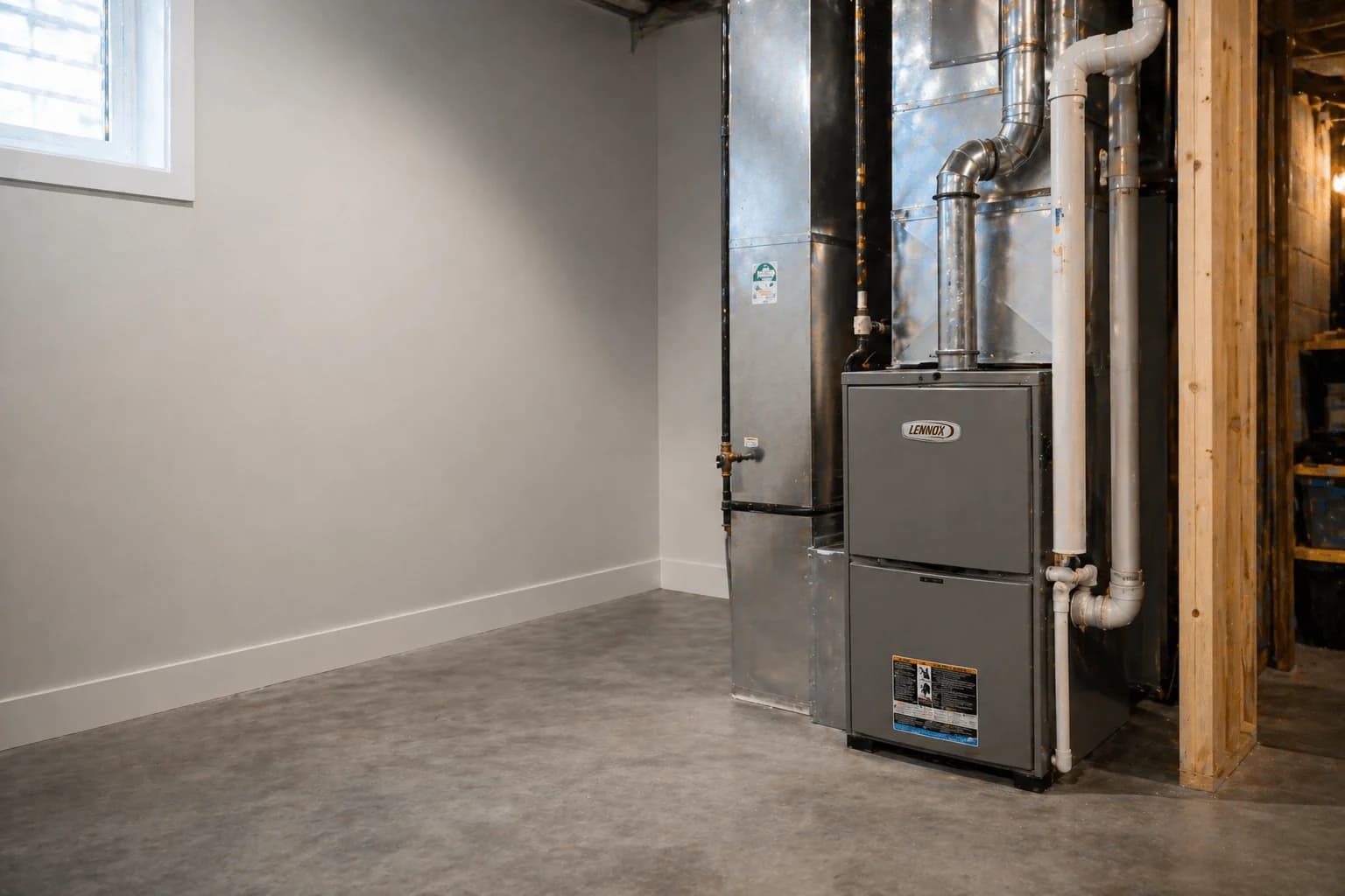 Lennox high-efficiency gas furnace installed in a Kitchener-area residential basement by Trident HVAC