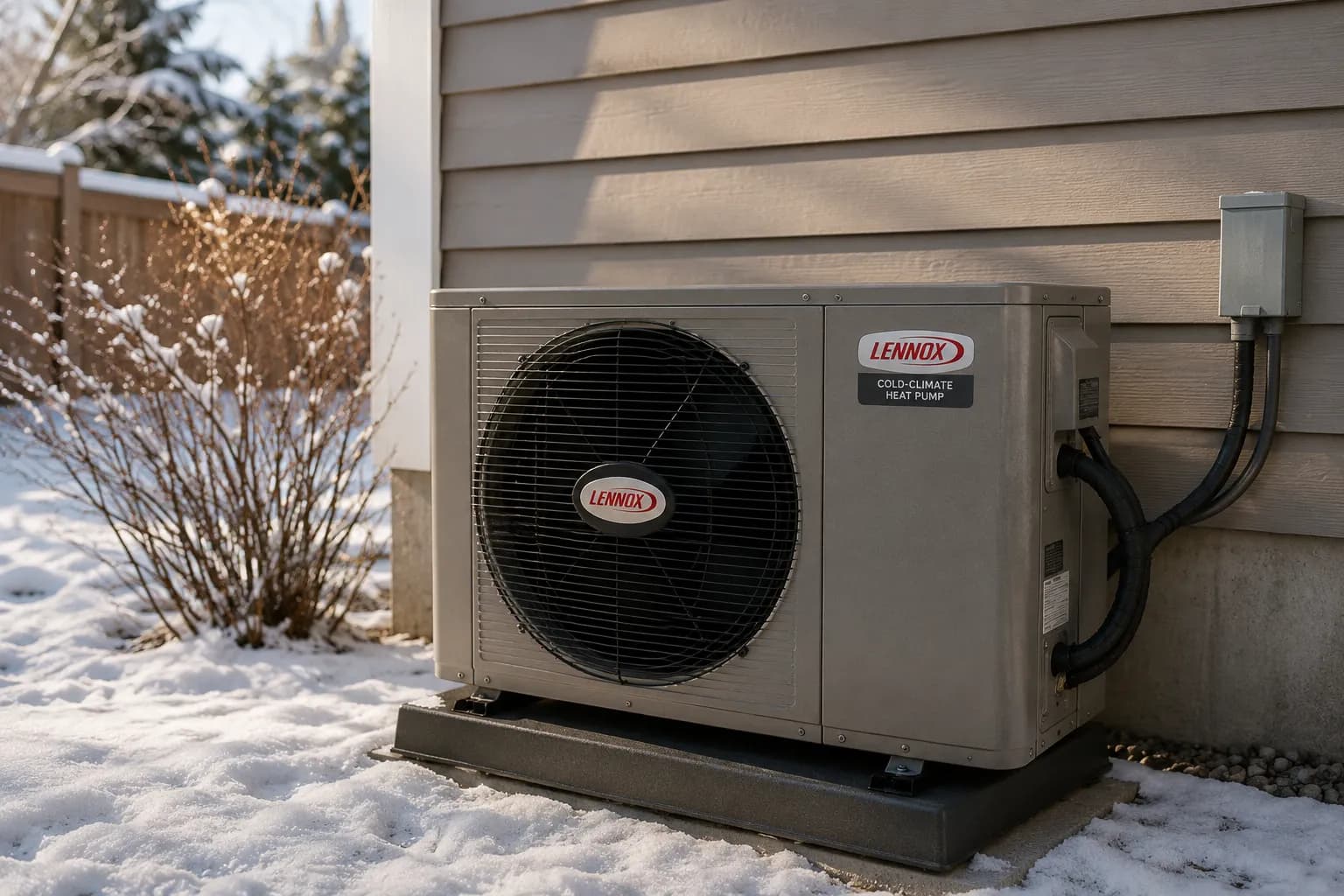 Lennox cold-climate heat pump installed outside a Kitchener-area home in winter by Trident HVAC