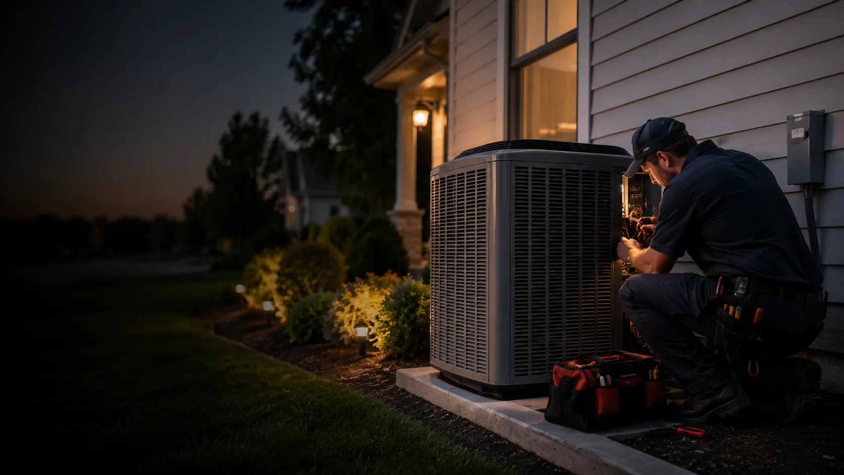 Trident HVAC technician performing a priority emergency repair on an outdoor central AC condenser at a Kitchener-area home at dusk