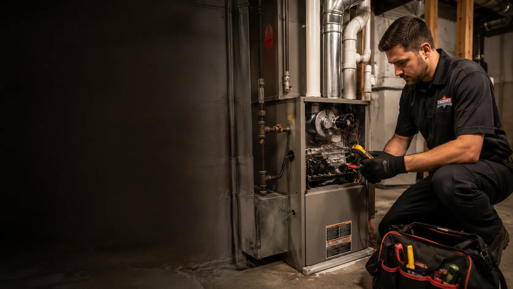 Trident HVAC technician diagnosing a no-heat gas furnace during a priority repair call in a Kitchener-area basement