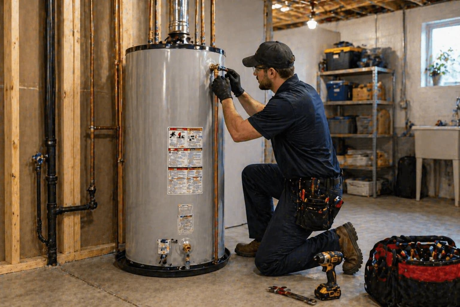 Tank water heater installation in a residential basement utility room by Trident HVAC