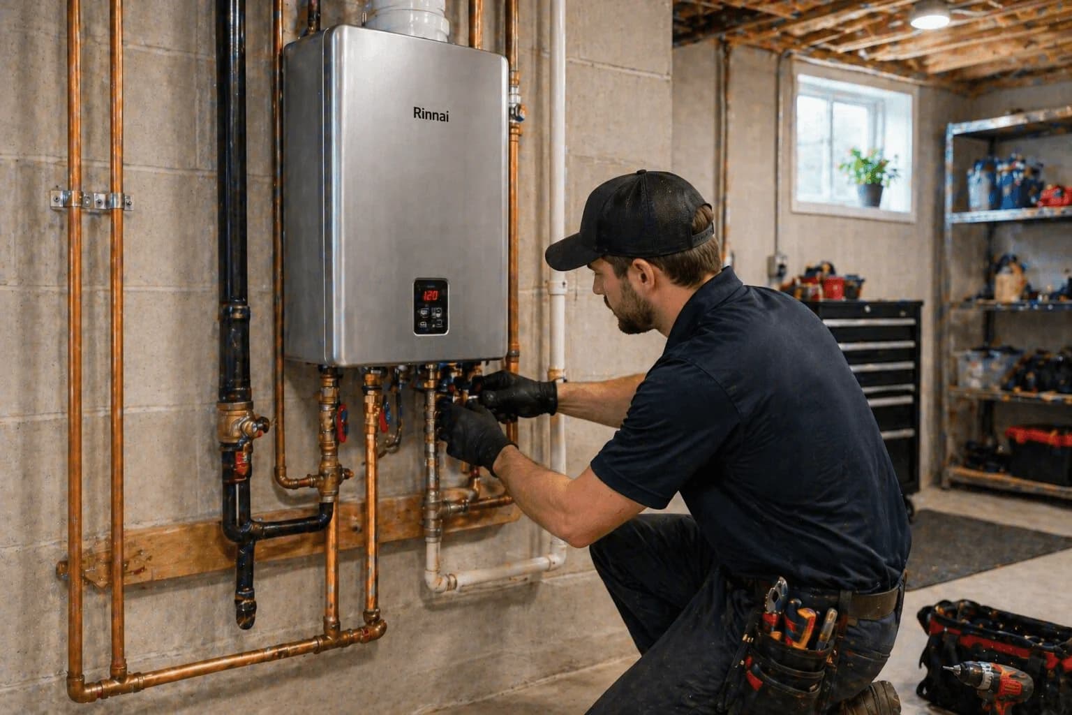 Rinnai tankless water heater installation in a Kitchener-area home by Trident HVAC