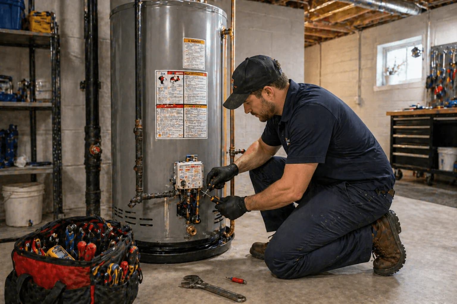 Trident technician diagnosing and repairing a residential water heater in Kitchener-Waterloo