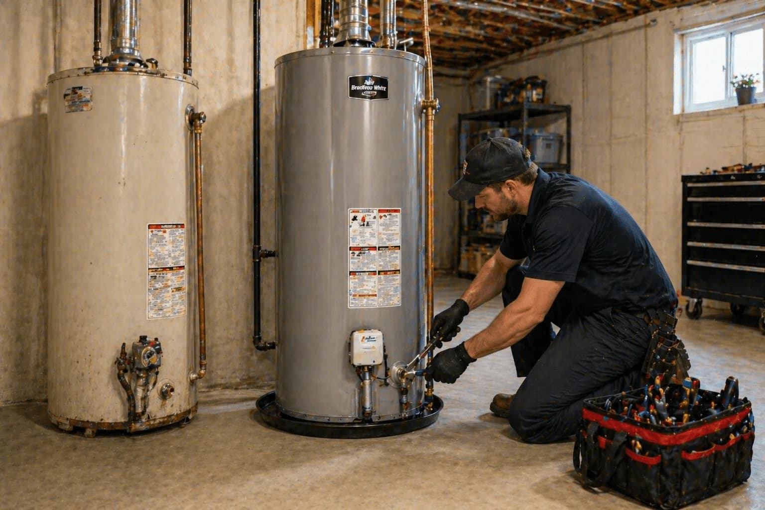New water heater replacement installed by Trident HVAC in a KWC Region basement