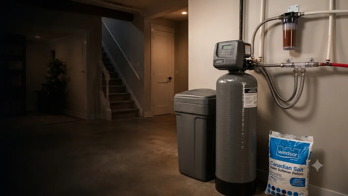 Water softener system with brine tank installed in a Kitchener-area home basement by Trident HVAC