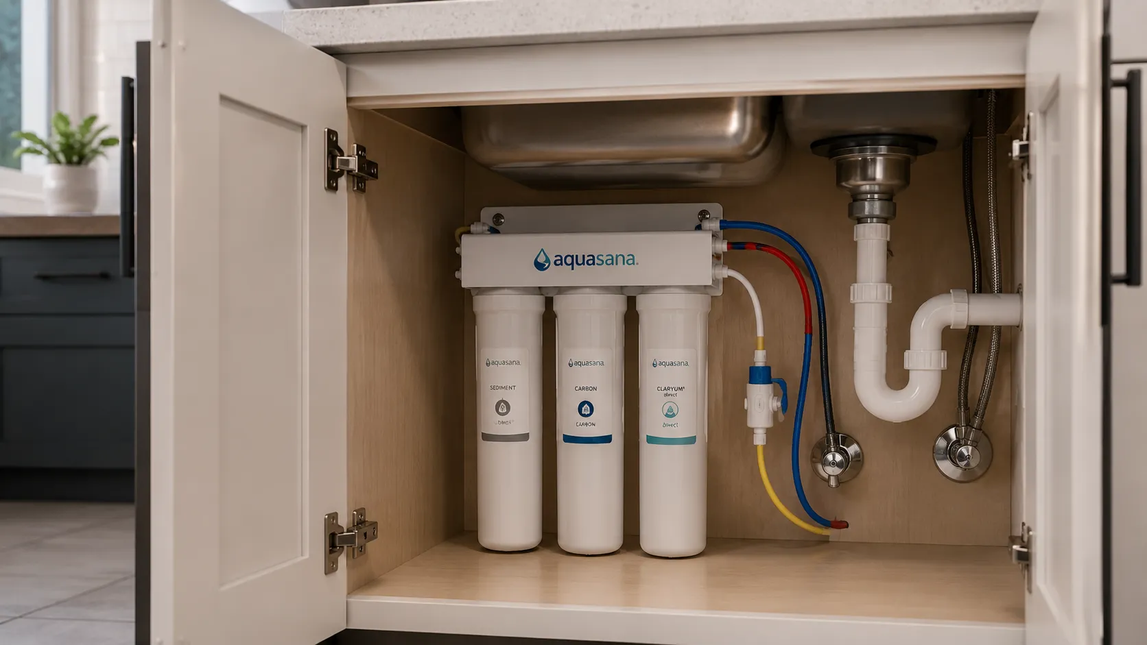 Under-sink reverse osmosis water filtration system installed in a Kitchener-area kitchen by Trident HVAC