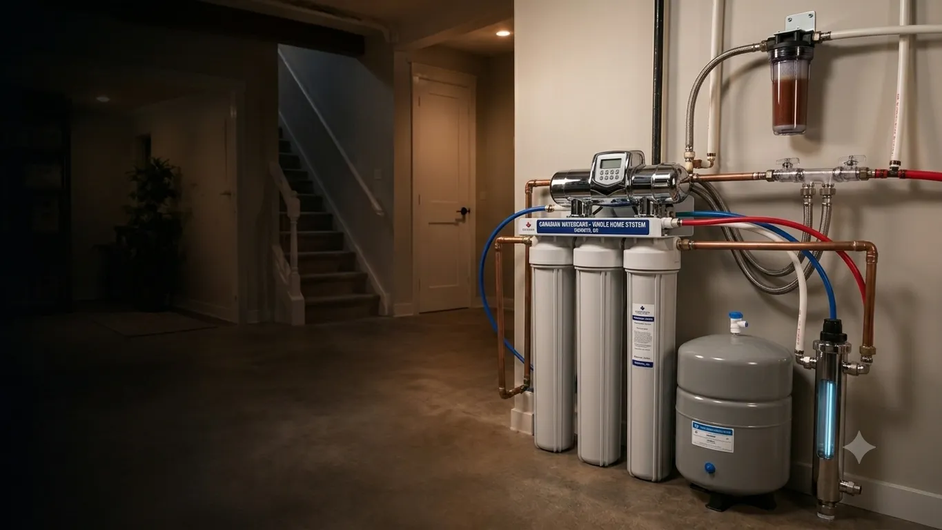 Whole-home water filtration system installed on the main water line in a Kitchener-area basement by Trident HVAC