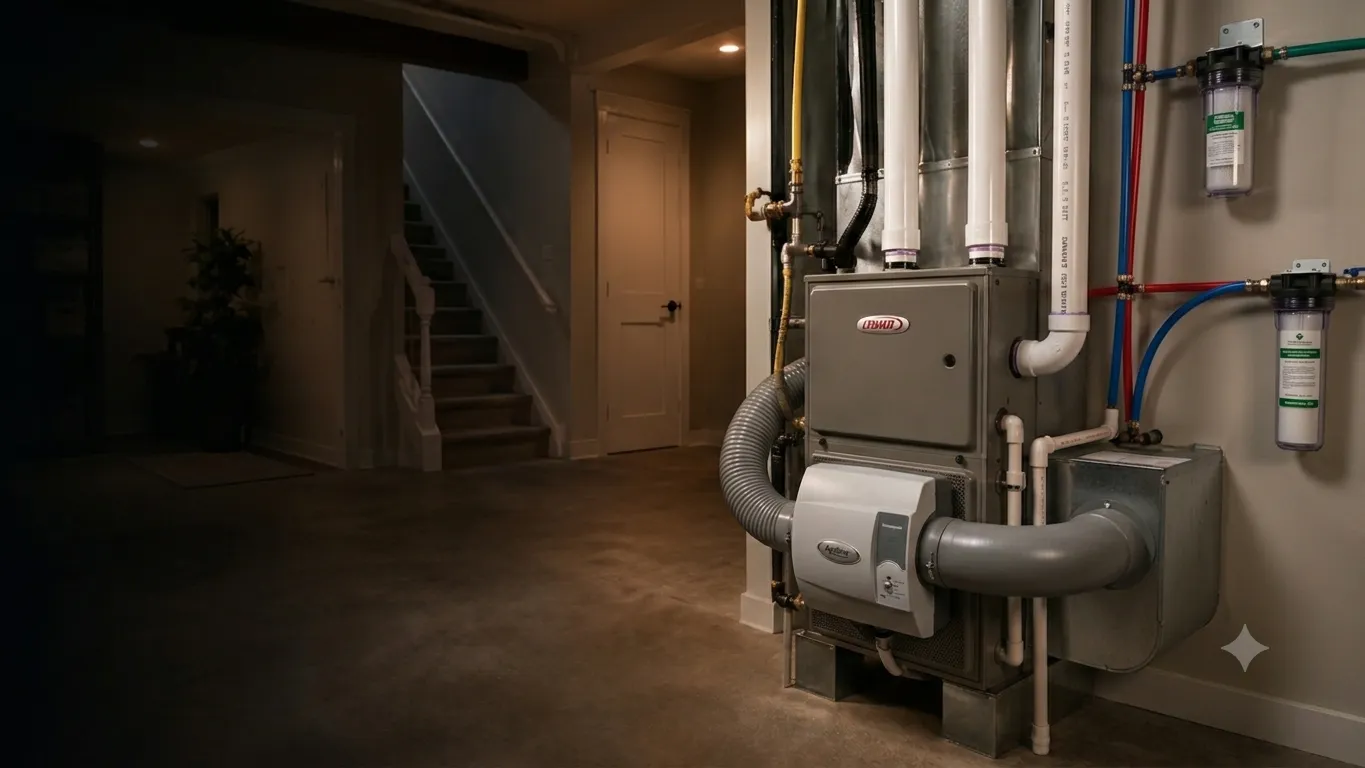 Indoor air quality and ventilation equipment installed in a Kitchener-area home basement by Trident HVAC