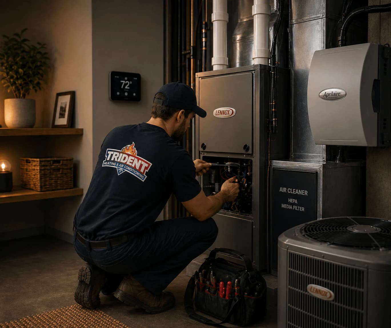 Trident technician installing high-efficiency HVAC equipment